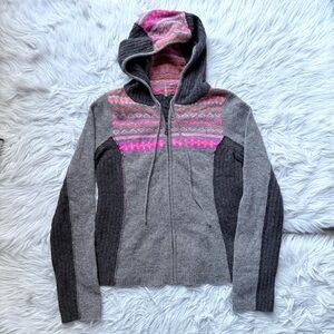 Free People Y2K full zip wool blend hooded sweater color block heart fair isle L
